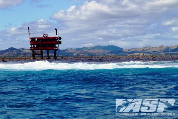 The newly-refurbished Volcom Fiji Pro tower awaits the recommencement of competition.