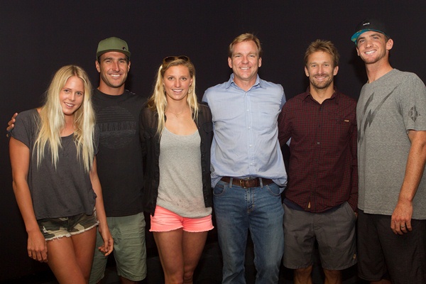 From left to right: Laura Enever, Joel Parkinson, Lakey Peterson, newly-appointed ASP CEO Paul Speaker, newly-appointed ASP Interim Commissioner Kieren Perrow and Brett Simpson.