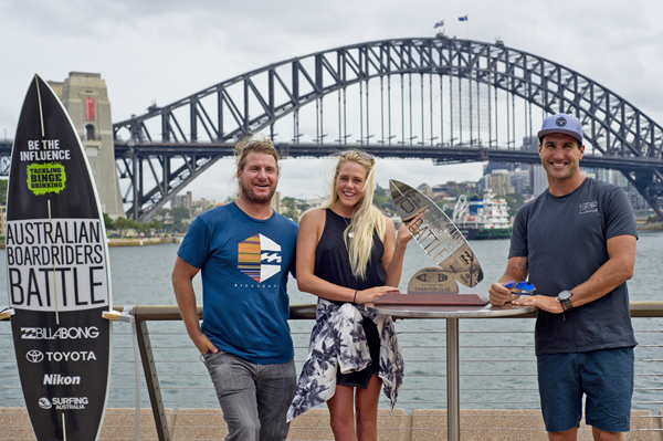 Mark Occhilupo, Laura Enever & Joel Parkinson at the Be the Influence Australian Boardriders Battle launch at Sydney Harbour. Pic ASP/Will H-S