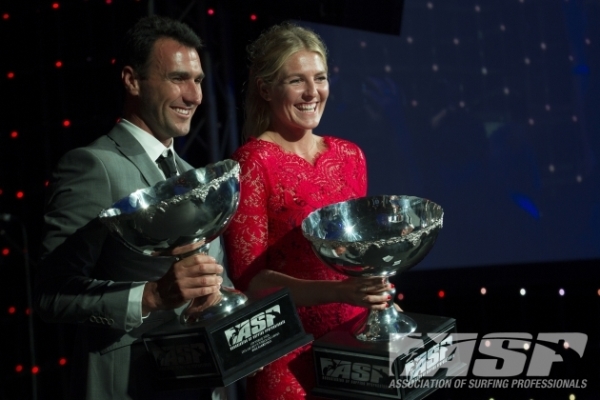 2012 ASP World Champions Joel Parkinson (AUS), 31, and Stephanie Gilmore (AUS), 25, last night at the 2013 ASP World Surfing Awards.