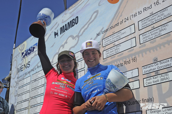 Carissa Moore (HAW) winner of the 2013 Drug Aware Margaret River Pro, Tyler Wright runner-up and current ASP World No. 1. PIC ASP/Robertson