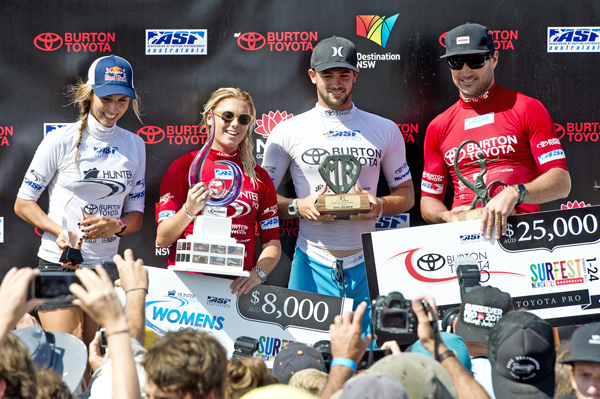 (left to right) Sally Fitzgibbons (AUS) Hunter Ports Women's Classic runner-up, DimityStoyle (AUS) Hunter Ports Women's Classic 2013 Champion, Alejo Muniz (BRA) Burton Toyota Pro Runner-up and 2013 Burton Toyota Pro Champion and reigning ASP World Champion Joel Parkinson (AUS). Pic ASP/Will H-S