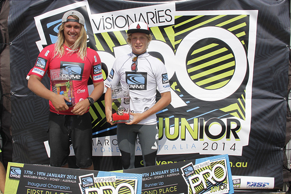 Kelly Norris (RED) and Jackson Giles (WHITE) took first and second in an exciting finals day at the Carve Pro Junior today. Pic Surfing NSW/Smith