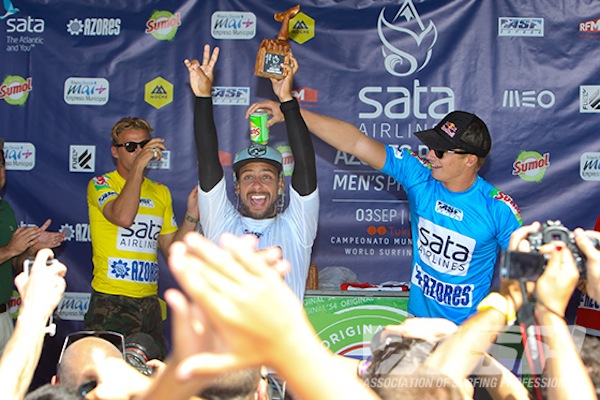 A surprised and ecstatic winner Tomas Hermes, on the podium of the SATA Airlines Azores Pro.