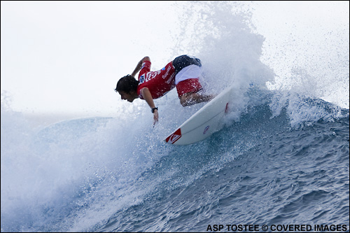 Jeremy Flores inflicted the biggest upset of the day when he eliminated Kelly Slater from the Billabong Pro in round four. Pic Credit ASP Tostee