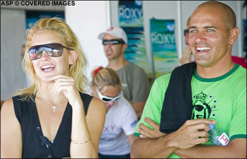 Kelly Slater and Kate Hudson Having a Laugh at the Quiksilver Pro Gold Coast. Pic Credit ASP Tostee