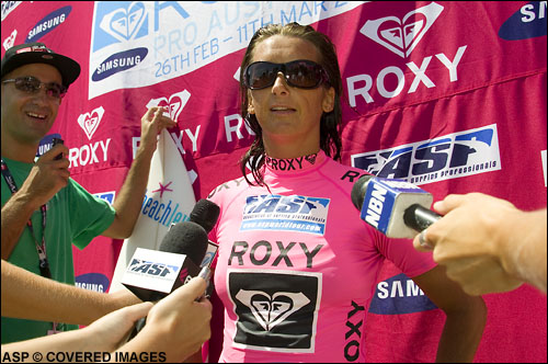 Layne Beachley and press after loss to Carissa Moore. Pic Credit ASP Tostee