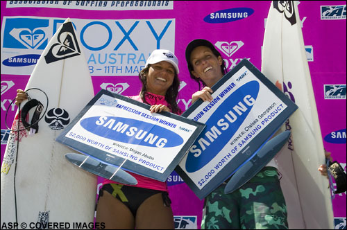 Winners are grinners. Megan Abubo and Chelsea Georgeson take out Samsung Expression Session. Pic credit ASP Tostee