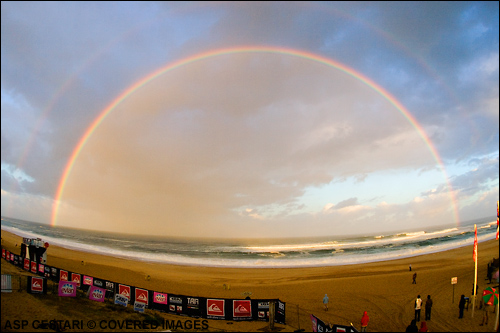 Rainbows all round, big swell too but no Quiksilver Pro France Surf Contest today. 11AM Fiat Expression Session. Photo Credit ASP Media