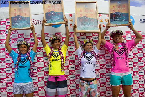 The Roxy Pro Sunset Beach finalists Sam Cornish, Amee Donohoe, Sofia Mulanovich and Jessi Miley Dyer. Photo Credit ASP Tostee