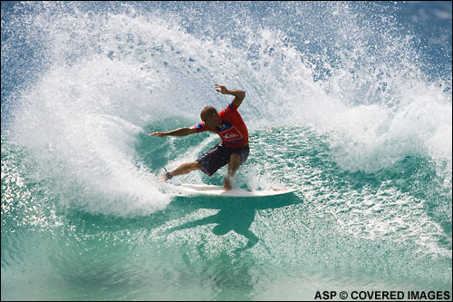 Kelly Slater Lighting it up in round 3 with a 10 and a 9.83 to advance to round four. Pic Credit ASP Tostee