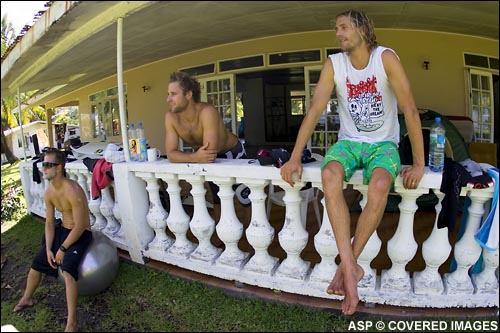 A typical lay day in Teahupoo. Luke Stedman, Tom Whitaker & Josh Kerr hanging out. Pic Credit ASP Tostee