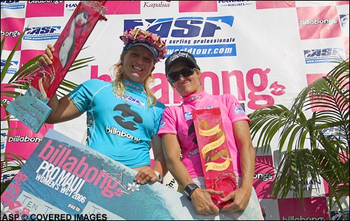 Jessi Miley-Dyer (left) and Keala Kennelly (right) finished first and second respectively at the Billabong Pro at Honolua Bay Maui today. Pic Credit ASP Tostee